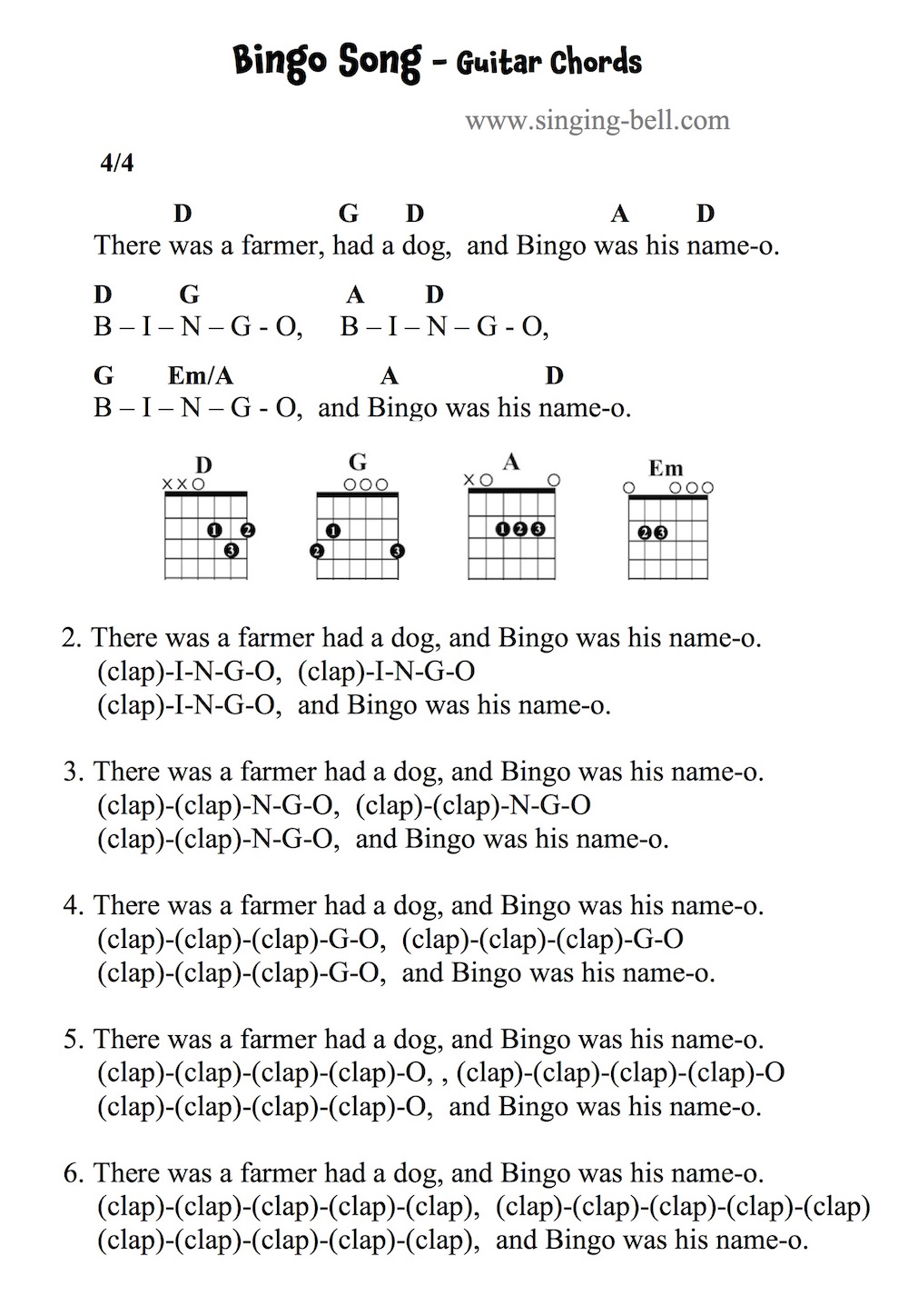 Bingo Song Guitar Chords Tabs Sheet Music Printable Pdf
