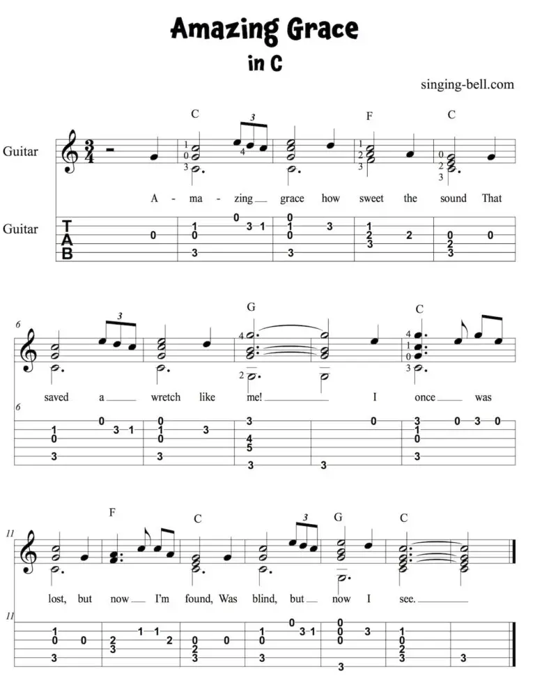 Amazing Grace Guitar Chords Tabs Notes Printable PDF