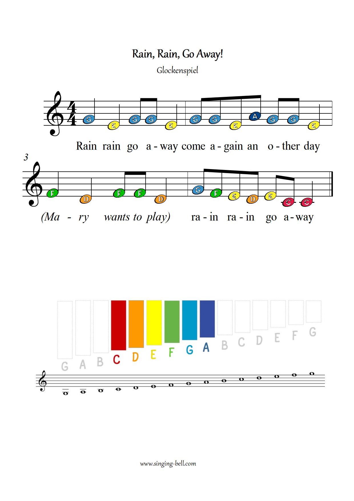 Rain-Rain Go Away free xylophone glockenspiel sheet music color notes chart pdf
